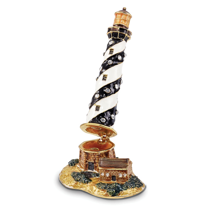 Bejeweled Black & White Lighthouse Trinket Box with Charm Pendant