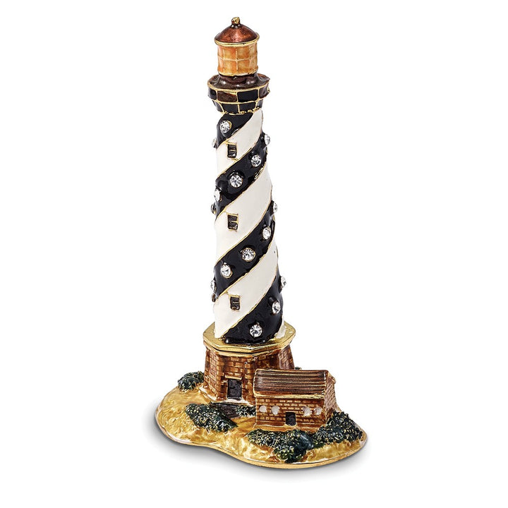 Bejeweled Black & White Lighthouse Trinket Box with Charm Pendant