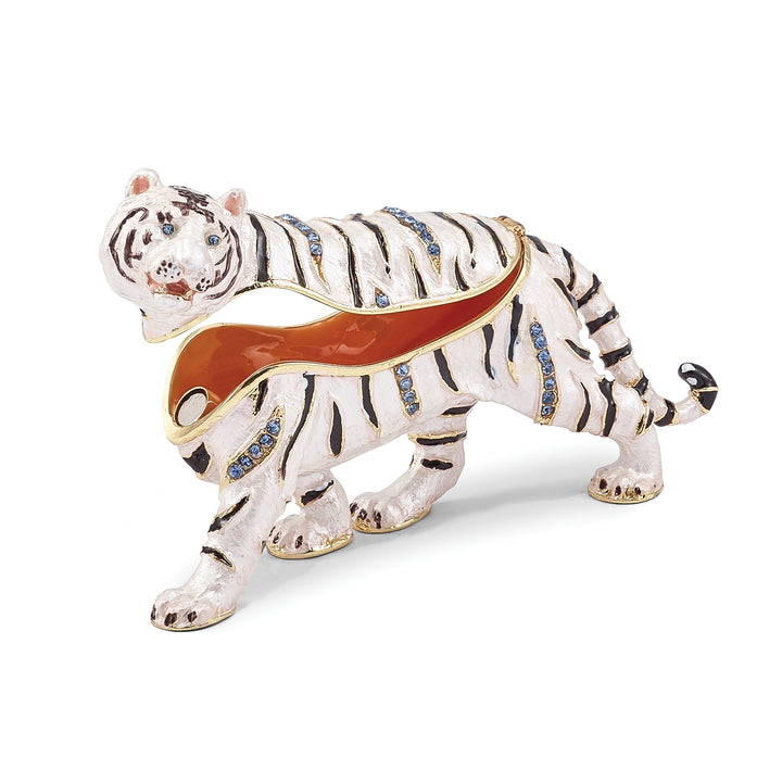 Bejeweled White Tiger Trinket Box with Charm Pendant