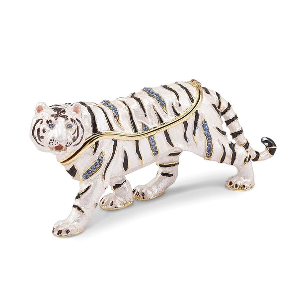 Bejeweled White Tiger Trinket Box with Charm Pendant