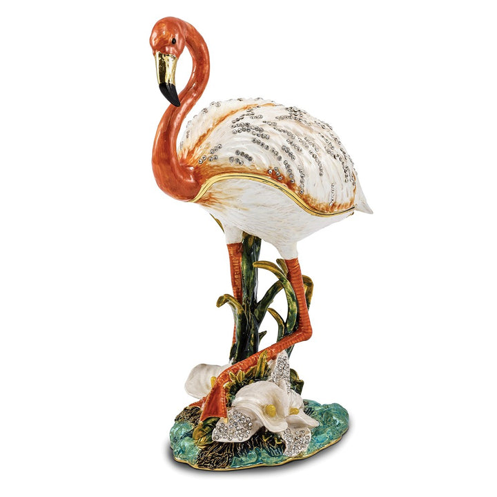 Bejeweled Large Mango Pink Flamingo Trinket Box with Charm Pendant