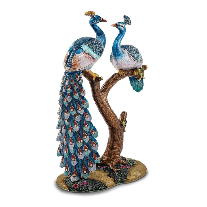 Bejeweled Large Peacock Lovers Trinket Box with Charm Pendant