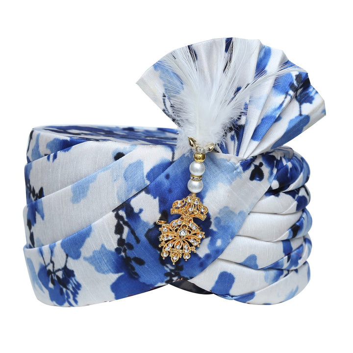 Blue Silk Floral Print Wedding Safa Turban Pagdi -SNTBL0020