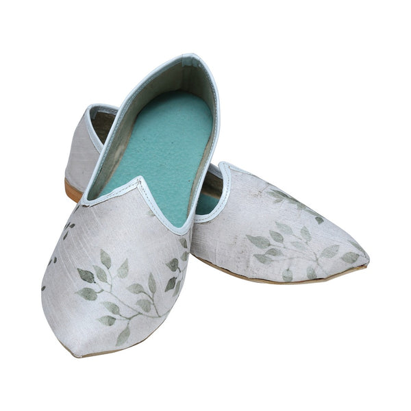 White And Green Floral Print  Mojari Juti For Men - BLSNT0126