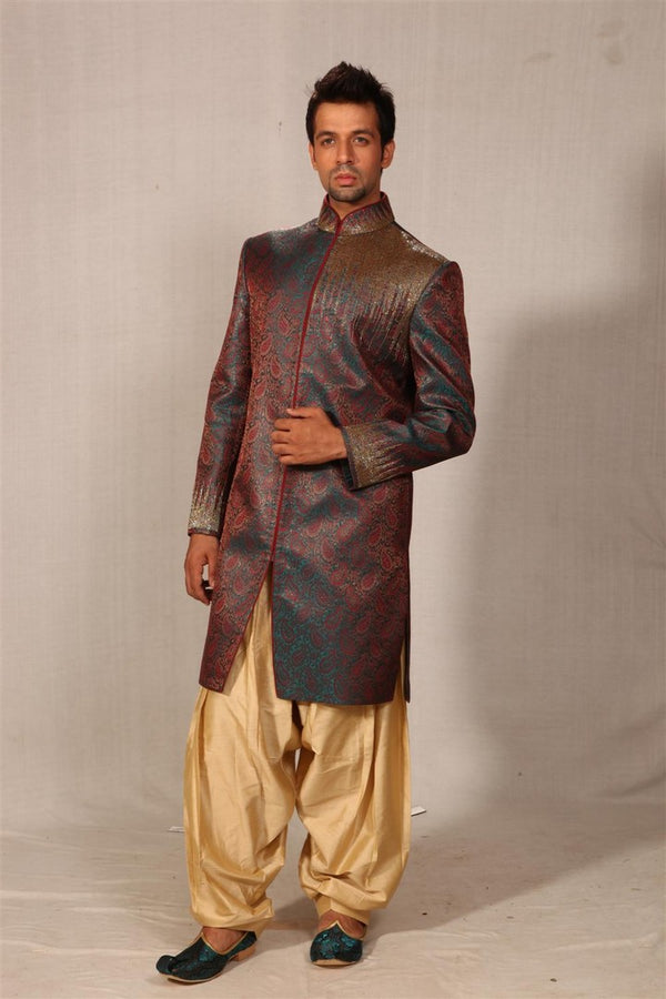 Smart Rama Green And Maroon Indian Wedding Indo-Western Sherwani for Men -BL1011