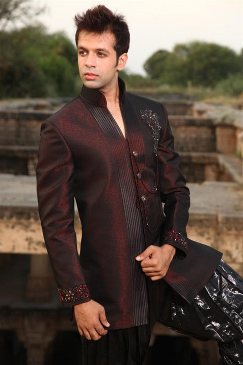 Dashing Maroon Indian Wedding Indo-Western Sherwani for Men -BL1013