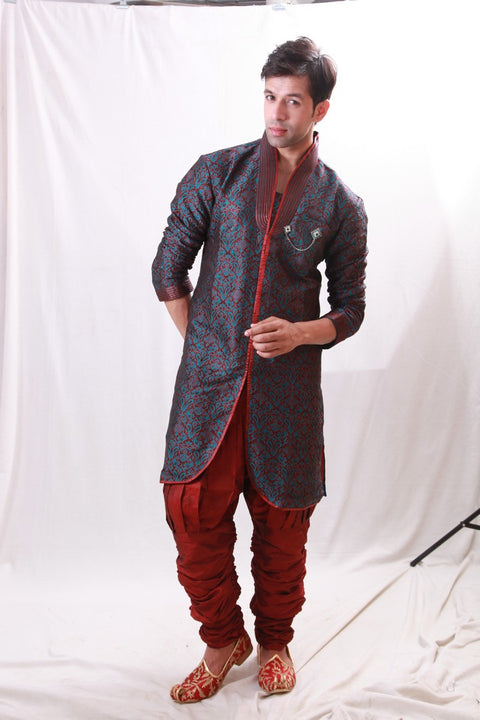 Elegant Blue and Maroon Indian Wedding Indo-Western Sherwani for Men -BL1065