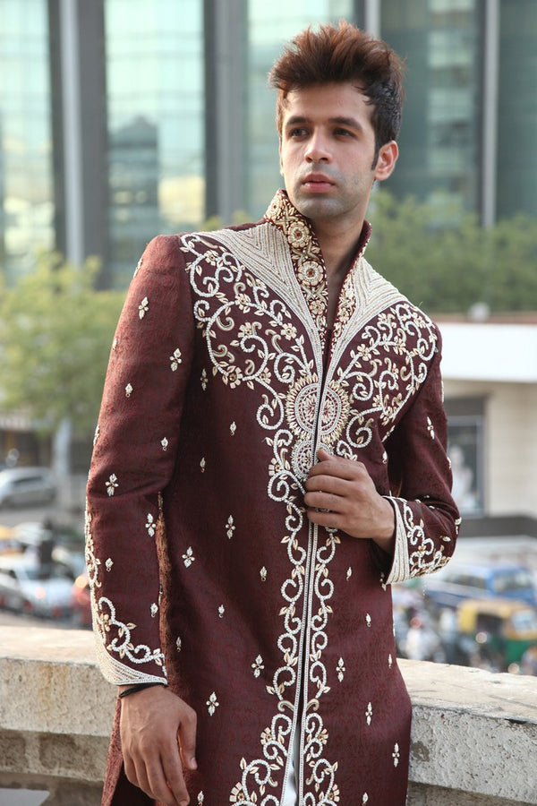 Modern Maroon Ethnic Dhoti Indian Wedding Sherwani For Men - BL2024