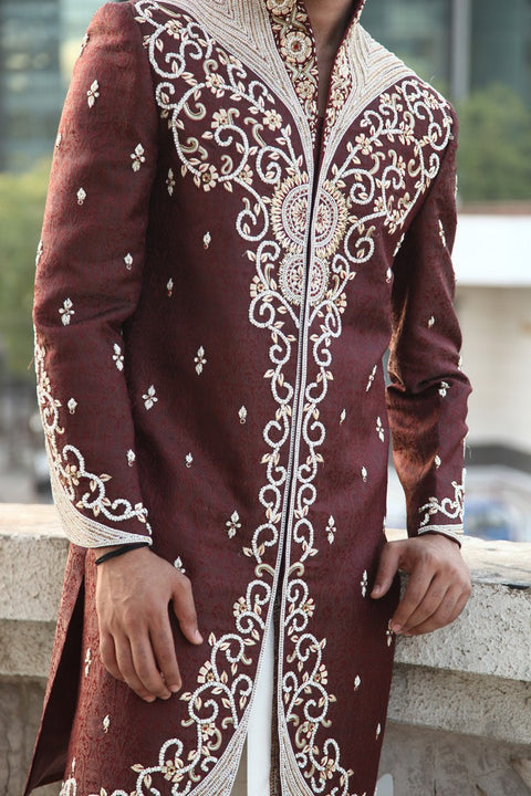 Modern Maroon Ethnic Dhoti Indian Wedding Sherwani For Men - BL2024
