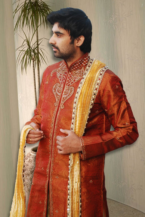 Trendy Rust Color Semi Sherwani Indian Traditional Sangeet Kurta Set- BL4033SNT