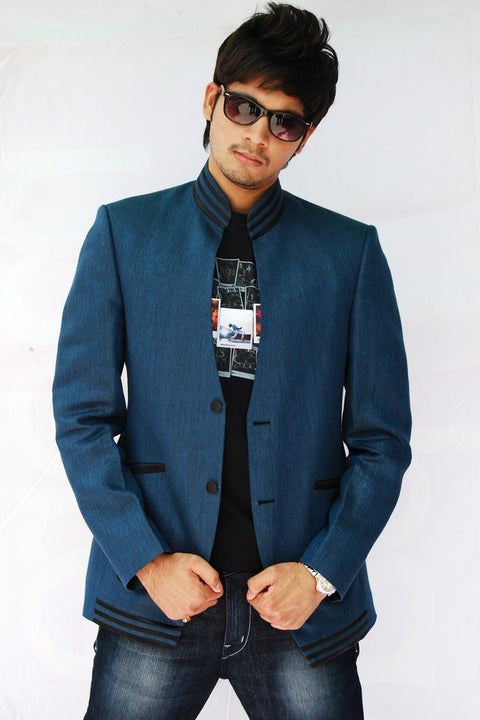 Sporty Blue Stand Collar Linen Blazer For Men - BL5014SNT
