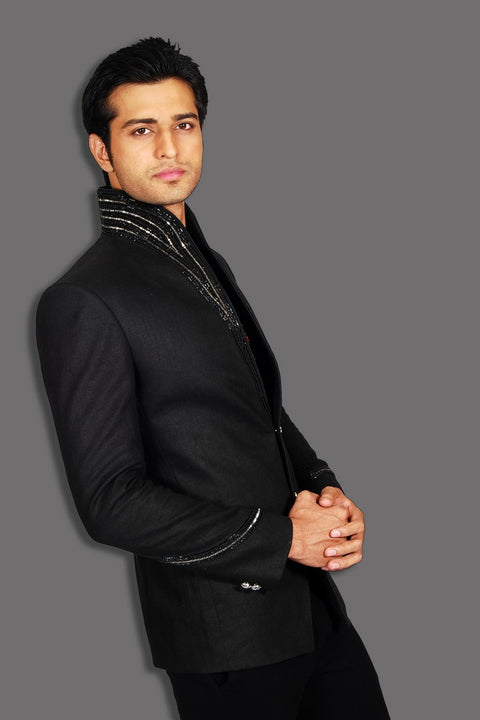 Royal Black Embroidery Linen Blazer For Men - BL5016SNT