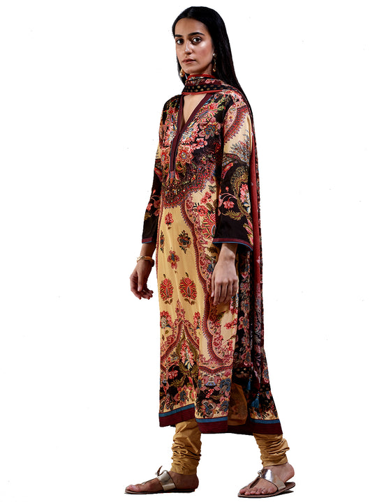 Ritu Kumar Beige & Burgundy Floral Print Suit Set