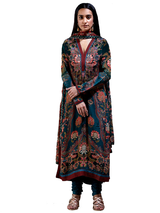 Ritu Kumar Emerald & Burgundy Floral Print Suit Set