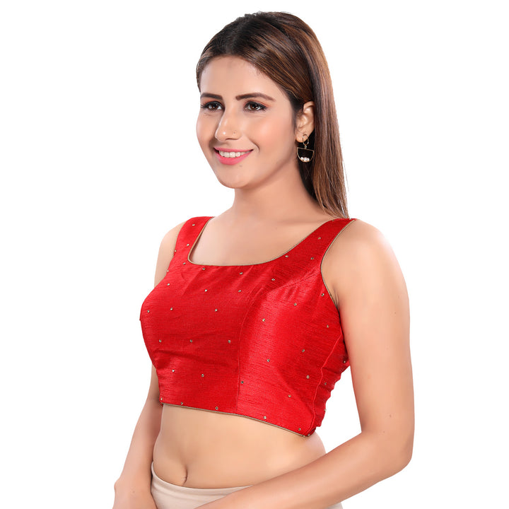 Lovely Stone Work Designer Indian Traditional Red Round Neck Saree Blouse Choli (CO-202NS-Red)