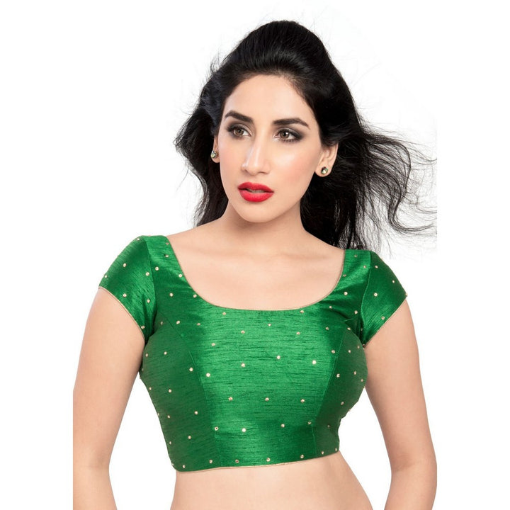 Lovely Stone Work Designer Indian Traditional Green Round Neck Saree Blouse Choli (CO-202SL-Green)