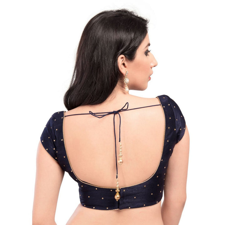 Lovely Stone Work Designer Indian Traditional Navy-Blue Round Neck Saree Blouse Choli (CO-202SL-Navy-Blue)