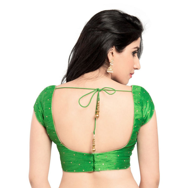 Lovely Stone Work Designer Indian Traditional Parrot-Green Round Neck Saree Blouse Choli (CO-202SL-Parrot-Green)