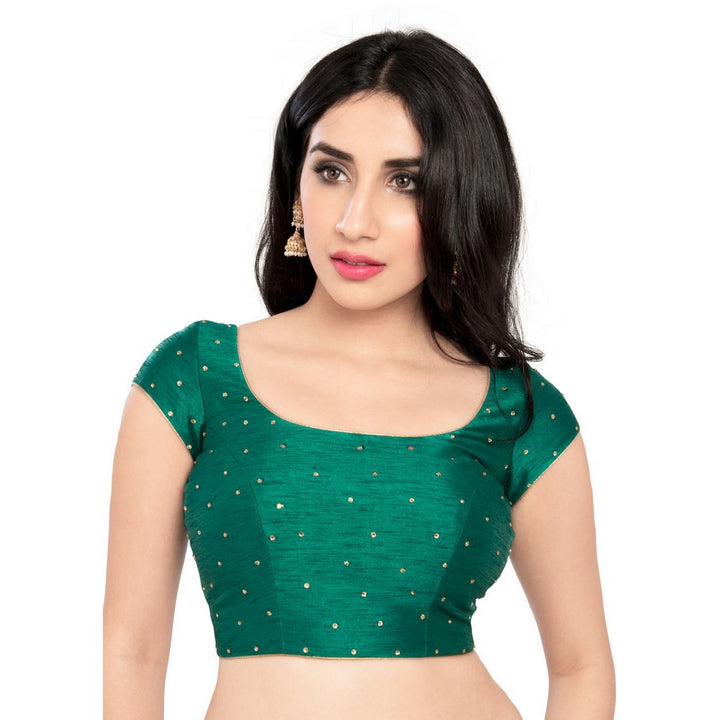 Lovely Stone Work Designer Indian Traditional Rama-Green Round Neck Saree Blouse Choli (CO-202SL-Rama-Green)