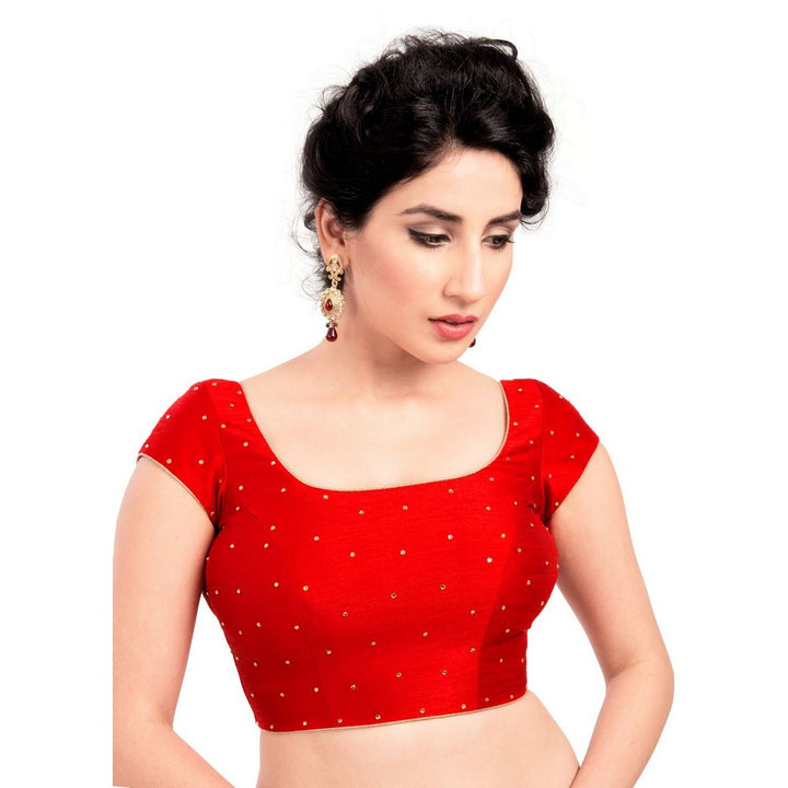 Lovely Stone Work Designer Indian Traditional Red Round Neck Saree Blouse Choli (CO-202SL-Red)
