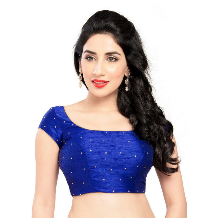 Lovely Stone Work Designer Indian Traditional Royal-Blue Round Neck Saree Blouse Choli (CO-202SL-Royal-Blue)