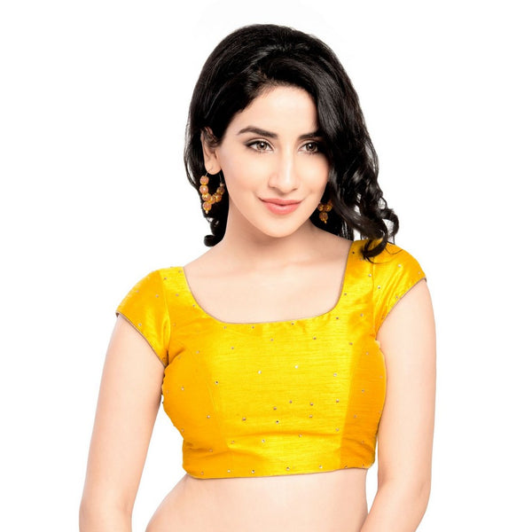 Lovely Stone Work Designer Indian Traditional Yellow Round Neck Saree Blouse Choli (CO-202SL-Yellow)