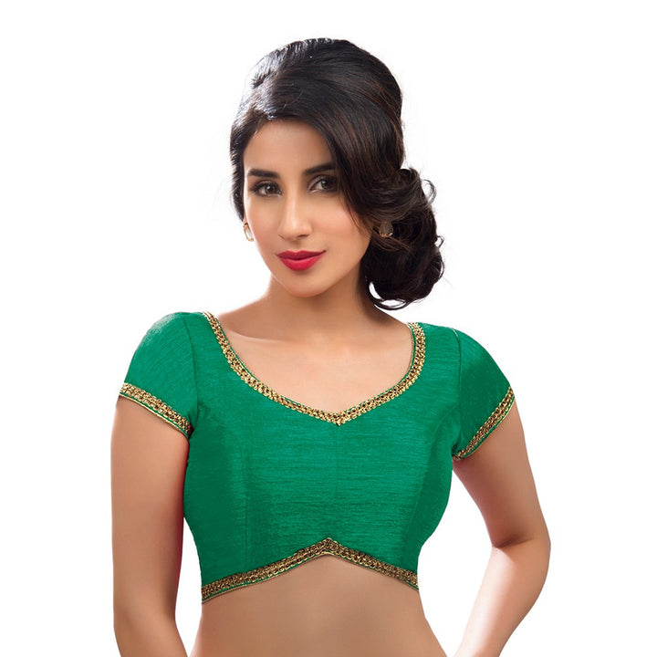 Stylish V Neck Ready Blouse In Rama Green Color