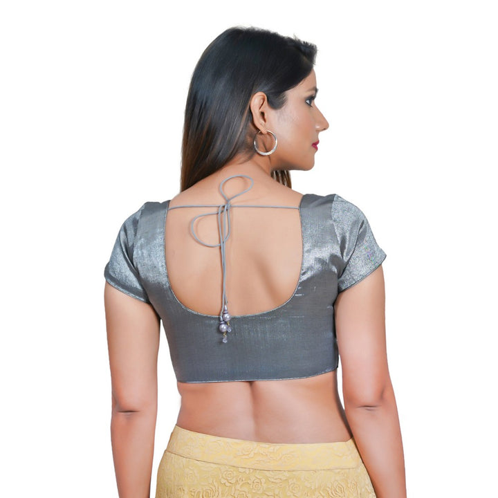 Elegant Simple Shimmer Grey Designer Indian Traditional Round Neck Saree Blouse Choli (CO-289-Grey)