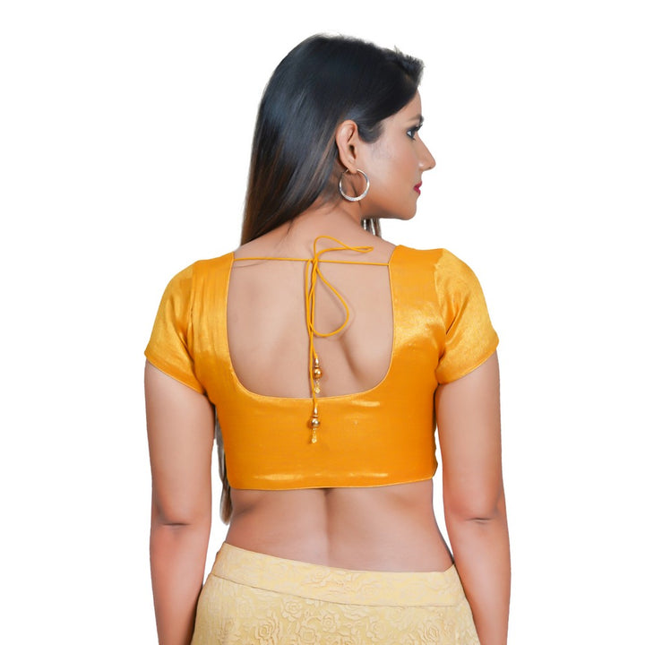 Elegant Simple Shimmer Yellow-Gold Designer Indian Traditional Round Neck Saree Blouse Choli (CO-289-Yellow-Gold)