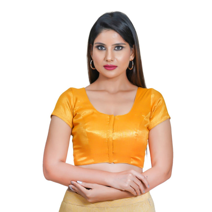 Elegant Simple Shimmer Yellow-Gold Designer Indian Traditional Round Neck Saree Blouse Choli (CO-289-Yellow-Gold)