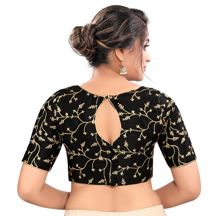 Graceful Black High Neck Designer Indian Traditional Elbow Sleeves Saree Blouse Choli (CO-668-Black)