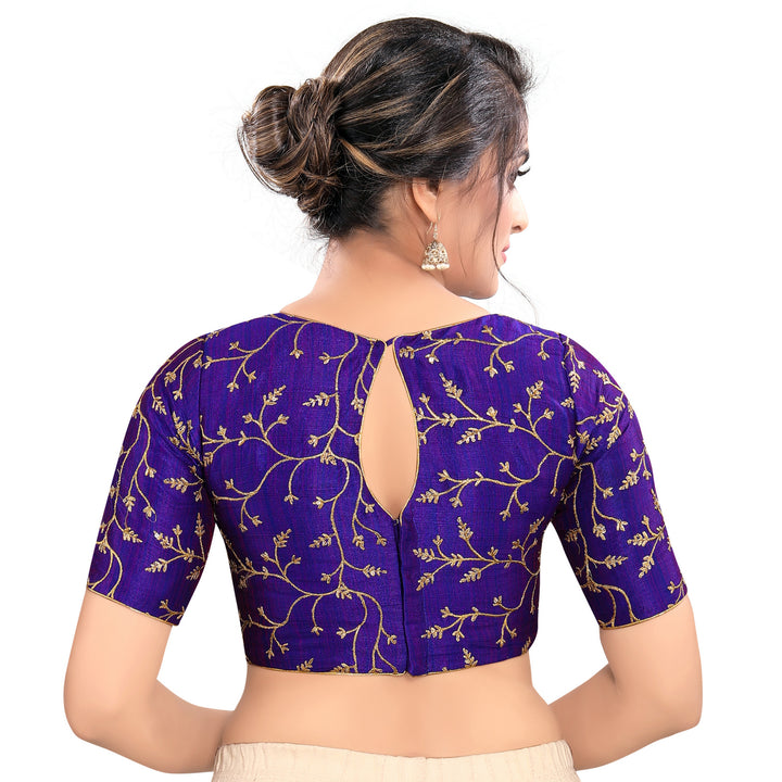 Graceful Royal-Blue High Neck Designer Indian Traditional Elbow Sleeves Saree Blouse Choli (CO-668-Royal-Blue)