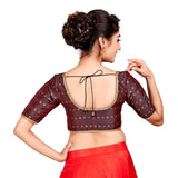 Designer Indian Brown Dupion Silk Padded Front Open Hooks Elbow Sleeves Saree Blouse (Co-722)