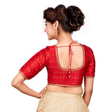 Designer Indian Red Dupion Silk Padded Front Open Hooks Elbow Sleeves Saree Blouse (Co-722)