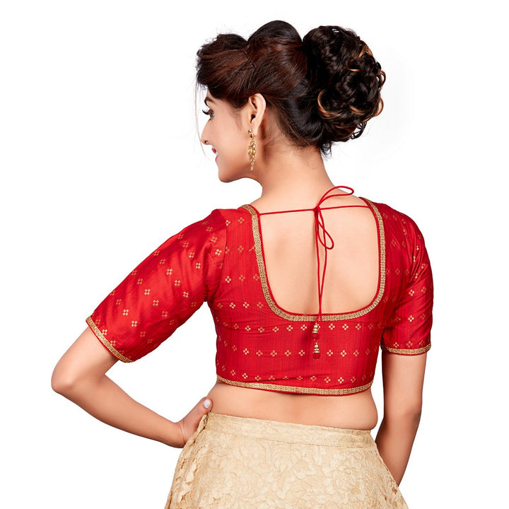 Designer Indian Red Dupion Silk Padded Front Open Hooks Elbow Sleeves Saree Blouse (Co-722)