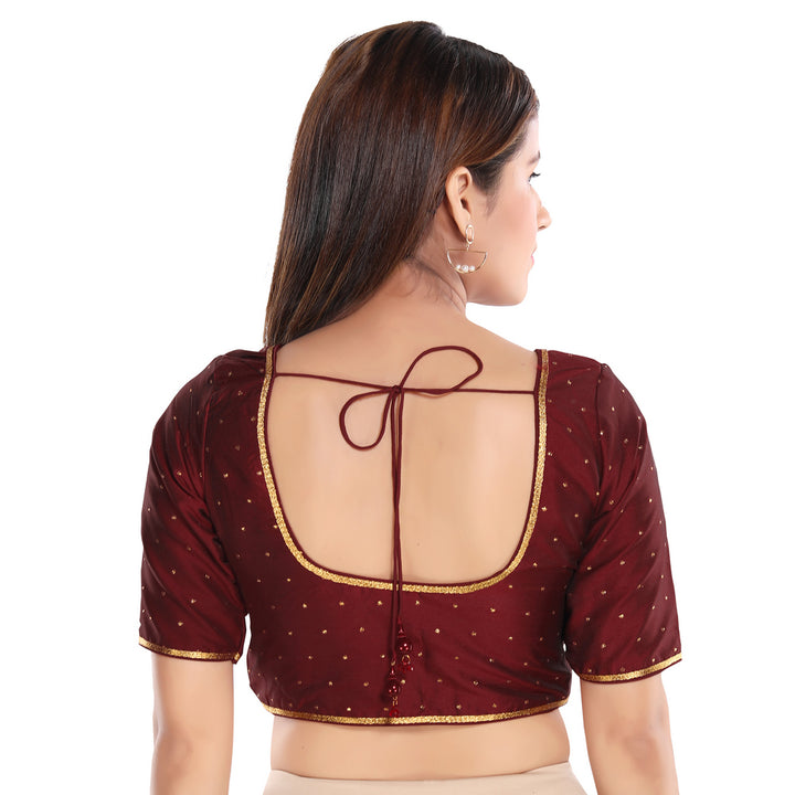 Simple Zari Work Dark-Maroon Designer Indian Traditional Round Neck Saree Blouse Choli (CO-729-Dark-Maroon)