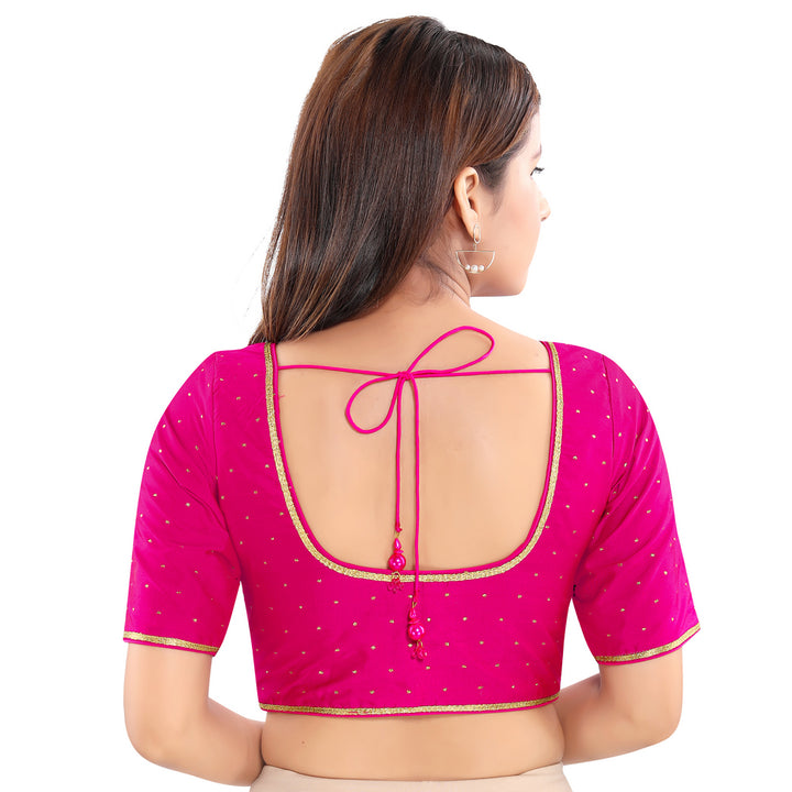 Simple Zari Work Pink Designer Indian Traditional Round Neck Saree Blouse Choli (CO-729-Pink)
