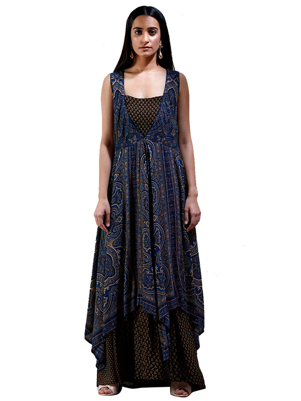 Ritu Kumar Indigo & Brown Printed Kurta Dress