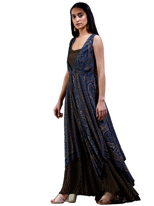 Ritu Kumar Indigo & Brown Printed Kurta Dress