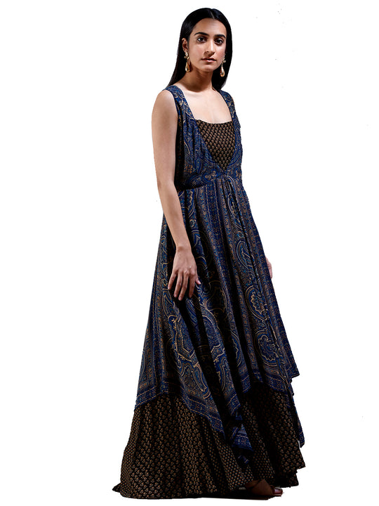 Ritu Kumar Indigo & Brown Printed Kurta Dress