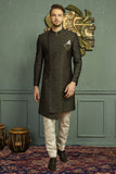 Magnificent Asymmetrical Black Indian Wedding Indo-Western Sherwani for Men -IW47826SNT