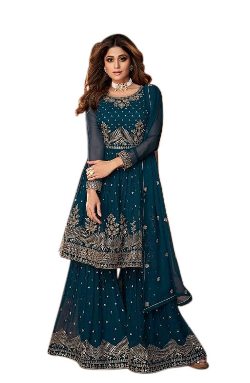 Trendy Embroidered Teal Ready Made Salwar Suit- HF-8696