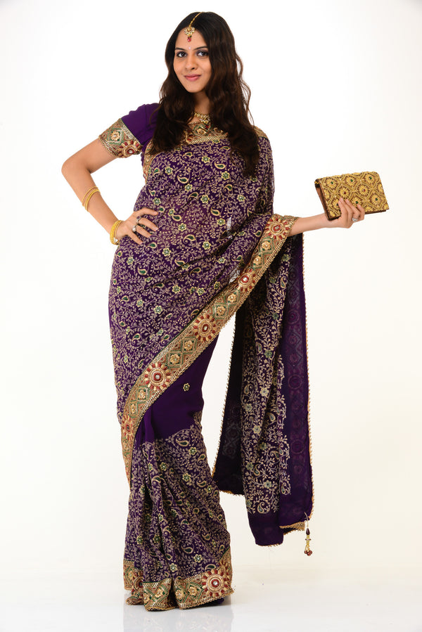 Heavy Purple Gold Ready-Made Pre-Pleated Sari