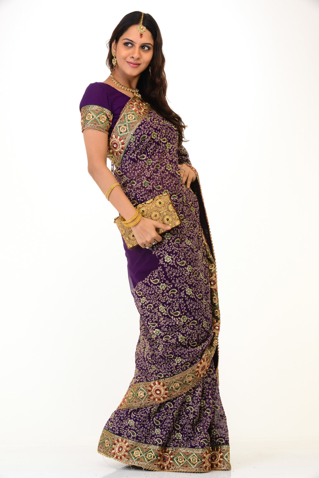 Heavy Purple Gold Ready-Made Pre-Pleated Sari