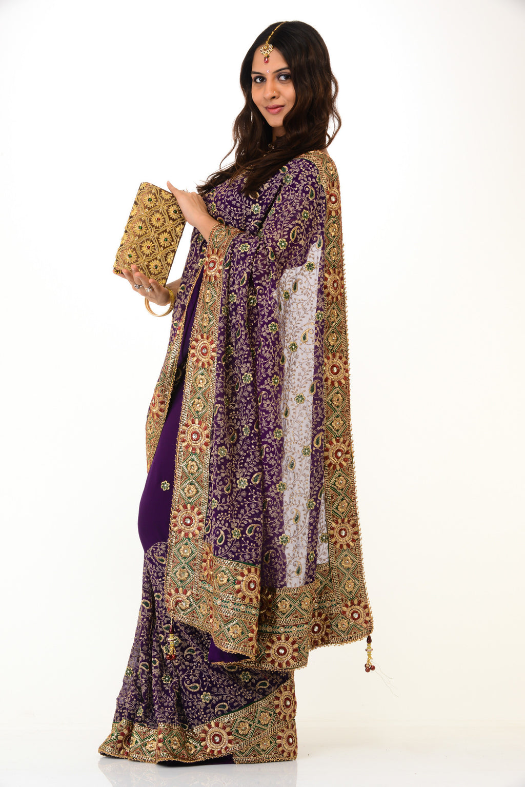 Heavy Purple Gold Ready-Made Pre-Pleated Sari