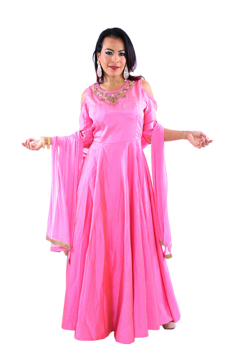 Dazzling Pink Modern Gold Shoulder Floor Length Anarkali 