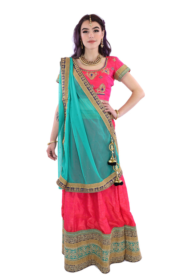 Electrifying Coral Pink and Teal Indian Wedding Lehenga- SNT11064