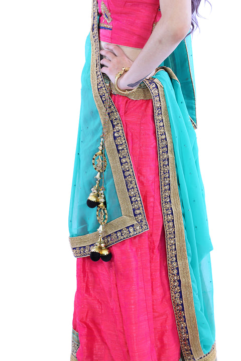 Electrifying Coral Pink and Teal Indian Wedding Lehenga- SNT11064