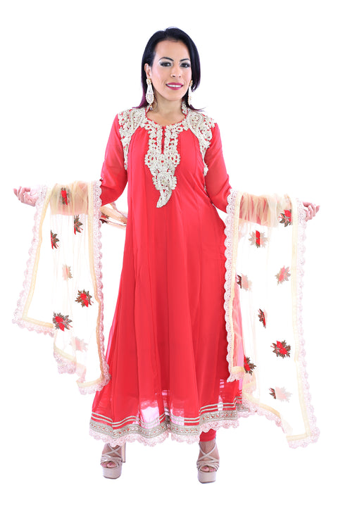 Rosy Red and Gold Flirty Ankle-Length Short Anarkali - 9006
