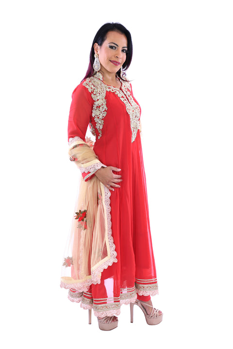Rosy Red and Gold Flirty Anarkali - 9006